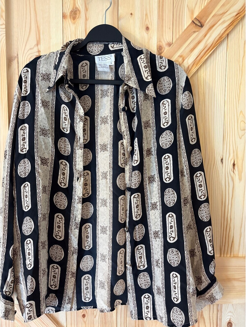TESS Vintage Black and Beige 100% Silk Button-Up Blouse, Size M